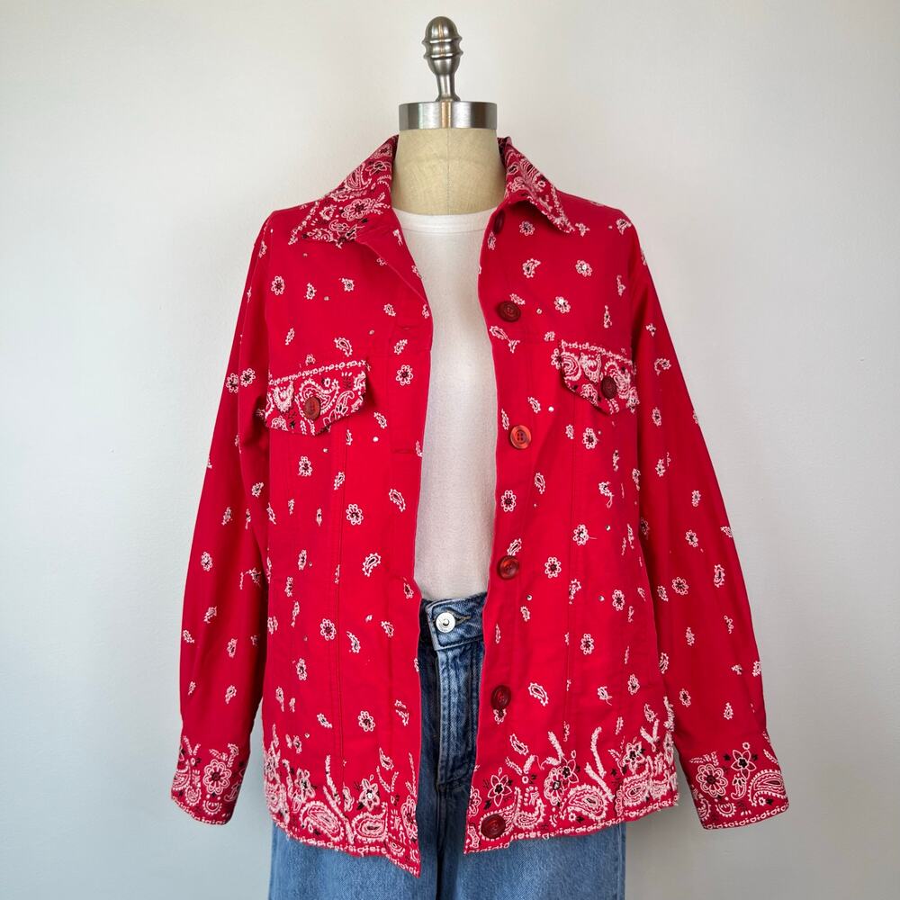 The Quacker Factory Paisley Western Jacket Red Beaded Bedazzled Bandana (Sz S) - Picture 16 of 16